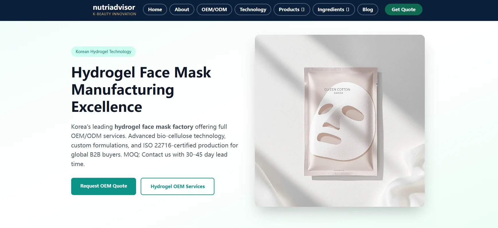 Hydrogel face mask manufacturing page showcasing a packaged product and OEM/ODM service details by Nutriadvisor.